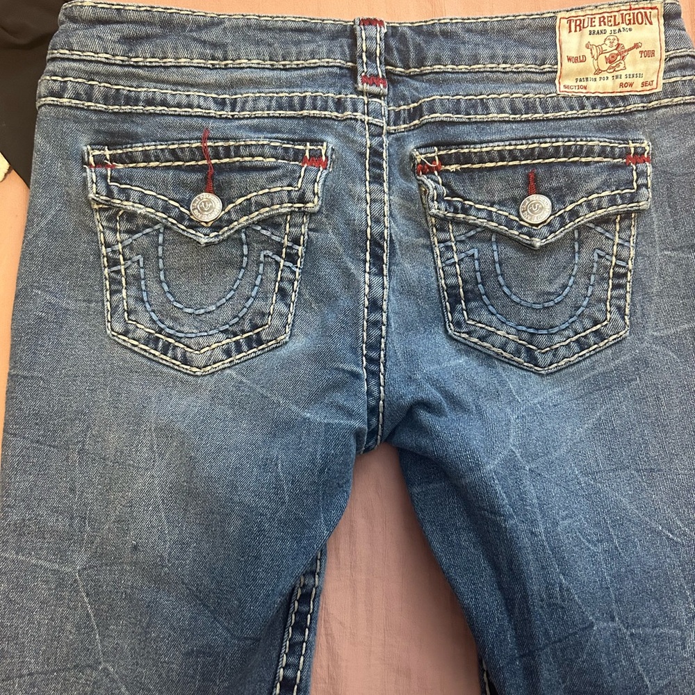 True Religion Blue Boot Cut Jeans with Distinctive Stitching